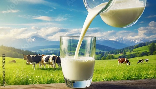 Pouring fresh milk from pitcher into the glass with grass field and cows background 