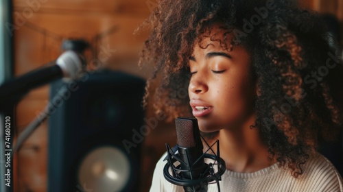 Passionate Singer with Microphone. Close-up of a young female singer recording vocals in a studio, with a microphone in focus and a warm light setting a serene mood