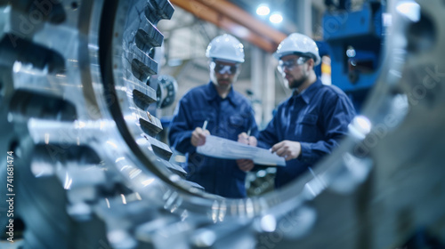 two engineers in safety helmets and blue work clothes are inspecting or discussing a large metallic turbine or machinery component in an industrial setting.