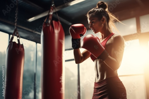 women wearing boxing gloves ready to do boxing with a punching bag
