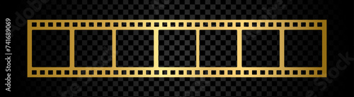 Golden film strip or gold frame photo reel isolated on black background