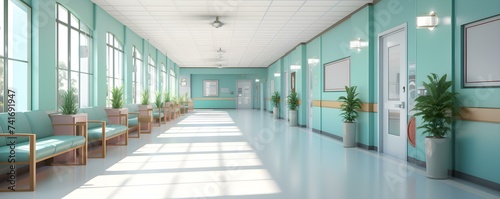 Brightly lit nursing home corridor exudes cleanliness and order inviting comfort. Concept Cleanliness, Order, Nursing Home, Comfort, Bright Lighting