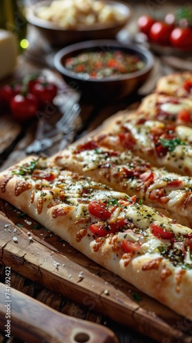 Italian pizza bread topped with soft, chewy pizza cheese. and various savory toppings Suitable for snacks in coffee shops