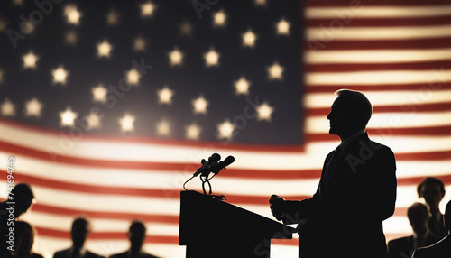 Silhouette of the American senator giving a press conference at the podium, with white spotlights 