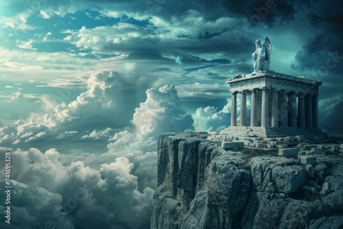 Mythical depiction of a Greek statue and temple on a cliff under a dramatic sky.