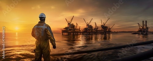 Offshore oil rig employee heading to oil and gas facility for work. Concept Oil and Gas Industry, Offshore Workers, Oil Rig Life, Marine Transportation, Offshore Facilities