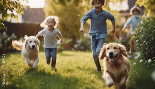 children are chasing the Happy golden retriever running in the garden of the house
