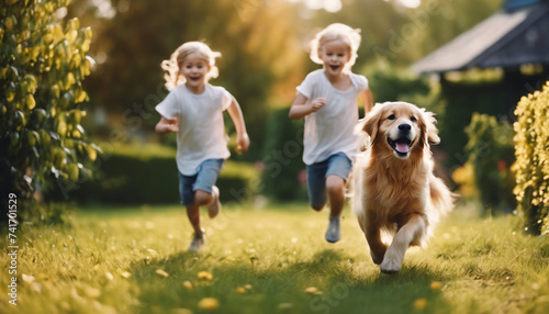 children are chasing the Happy golden retriever running in the garden of the house 