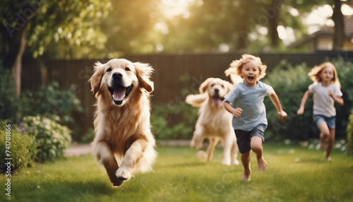 children are chasing the Happy golden retriever running in the garden of the house 