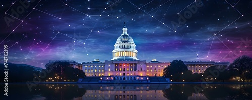 Nighttime view of illuminated Capitol dome in Washington DC with social media hologram. Concept Washington DC, Capitol dome, Nighttime view, Illuminated, Social media hologram