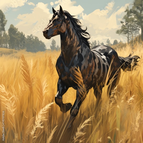 A dark brown horse is galloping in the golden wheat field