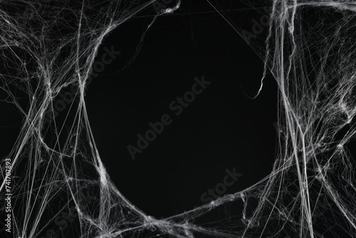 Creepy white cobweb on black background, space for text