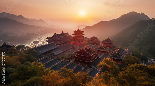 Aerial view of a Asian temple nestled in the mountains at sunrise