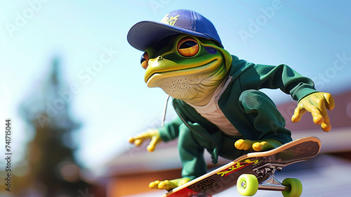 Modern funny frog in a baseball cap rolls on a skateboard in a cityscape with a dynamic pose. Symbol of the day in a leap year