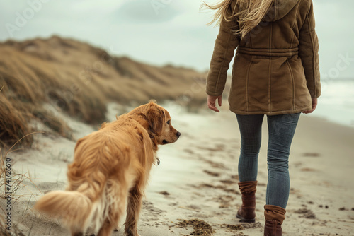 A young woman walks with her golden retriever dog along the seashore