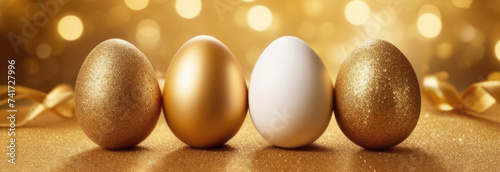 Gold ang white Easter eggs with gold glitter on festive background. Bokeh Light. Bright easter, holiday marketing, banner, postcard