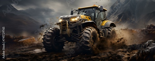 Tractor conquering rugged terrain and muddy paths in offroad adventure. Concept Offroad Adventure, Tractor, Rugged Terrain, Muddy Paths, Adventure photoshoot
