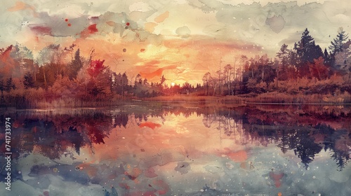 Peaceful Watercolor Reflection: Calm Lake Scene in a Forest Setting.