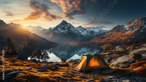 Tent on the background of the mountains and the lake at sunset