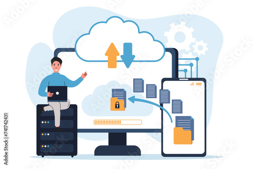 Cloud computing isolated. Secure connection, storage and cloud technology.Data transfer folders with documents, data storage, brainstorming, teamwork Vector illustration. 