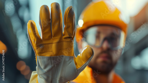 close-up of a worker in safety gear extending a gloved hand in a stop gesture.