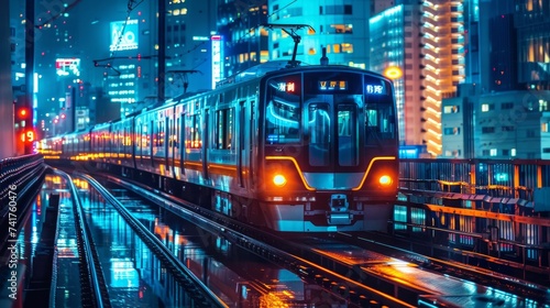 A night scene featuring the Tokyo automated guide-way train