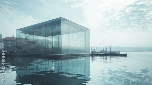 An awe-inspiring glass building rises from the tranquil waters of the lake, its towering structure mirrored in the sky above as boats glide by, a breathtaking fusion of modern architecture and natura