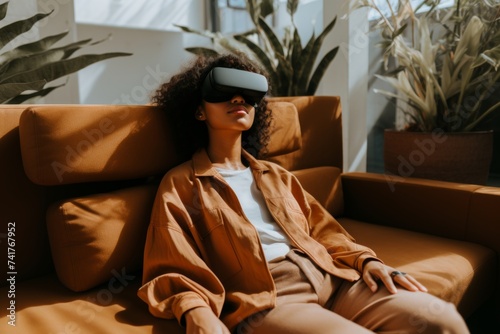 Woman immersed in virtual reality therapy for mental well-being and cognitive enhancements
