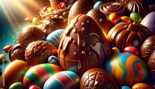 Une célébration éclatante de Pâques avec des œufs en chocolat festifs, richement décorés, capturant l'essence joyeuse et colorée de la fête.
