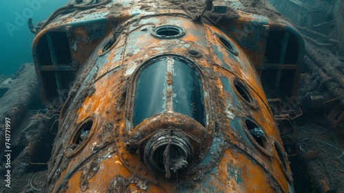 The decaying wreck of a once majestic ship lies abandoned on the ocean floor, its rusted metal exterior adorned with countless portholes, each a window into its forgotten past