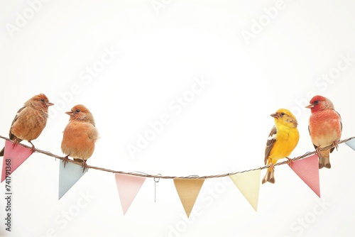 Birds perched on colorful bunting against a white background.
