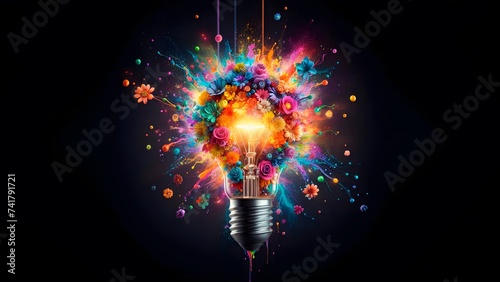 Creative light bulb inside explodes with multicolored light, paints