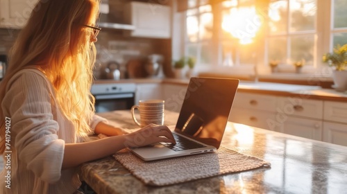 Woman working on laptop in home kitchen