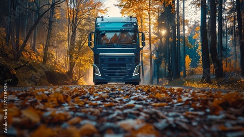 Front view of a modern european lorry truck in autumn scenery, truck color are navy