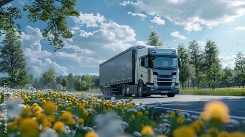 Front view of a modern european lorry truck in summer scenery, truck color are navy