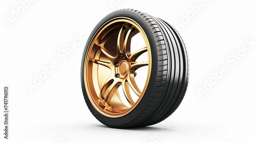 Car tire, aluminum wheels, wheel car, and gold color isolated on a white backdrop.