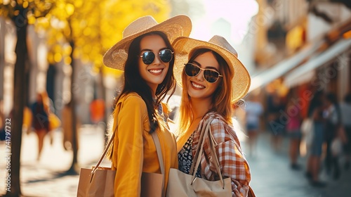 Two cheerful female friends holding shopping bags on sunny spring day. Women making shopping during spring sales season