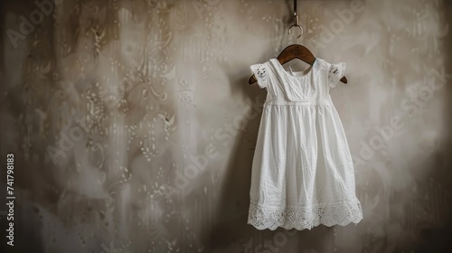 Elegant white dress for little girl's christening, hanging on the wall using a wooden hanger