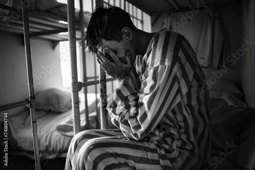 Despondent prisoner in striped uniform sitting on a bunk bed, covering his face with his hands in a dimly lit cell