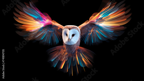 Flying Barn Owl Animal Plexus Neon Black Background Digital Desktop Wallpaper HD 4k Network Light Glowing Laser Motion Bright Abstract 