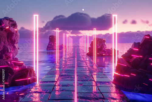 3d render of a neon lit digital bridge connecting virtual islands