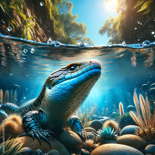 A Blue-Tongued Skink peering under the water, its head emerging from a swim. The scene is beneath the surface