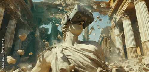 A classical sculpture of Atlas crashes to the ground, shattering into pixelated fragments. Emerging from the debris, a virtual reality headset floats above, portraying a futuristic cityscape. 