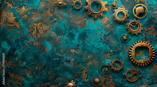 Abstract background with rusty metal texture and gears. Free copy space for text.