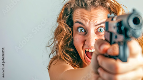 a woman with a crazy look on her face is pointing a gun at the perpetrator