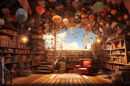 cozy library filled with whimsical floating books.