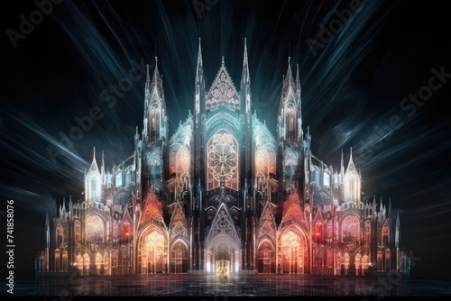floating holographic representation of an elaborate gothic cathedral.