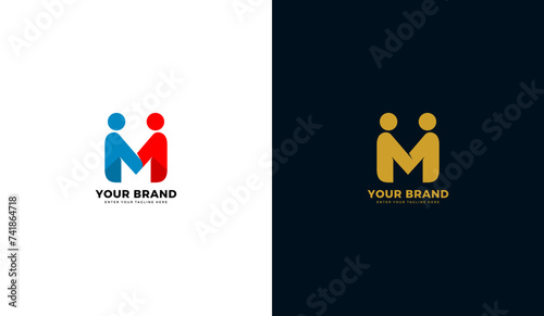 Letter m collaboration logo. Human illustration design, handshake, friendship icon, business. Graphic design vector