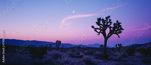 A cactus tree stands against a purple sky during dusk in the natural landscape