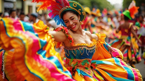 Colorful dancers in traditional costumes celebrate at a Latin American street parade, showcasing cultural heritage and joy. Resplendent.